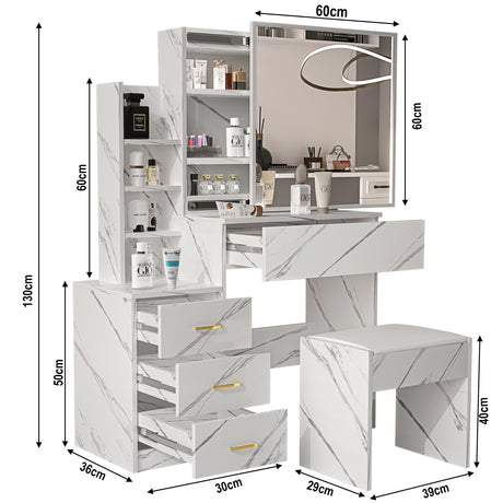 White marble dressing table mirror with storage, featuring product dimensions for a perfect fit.