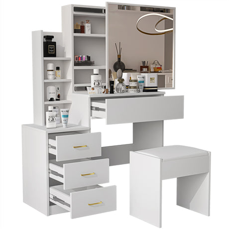 White dressing table with mirror and storage shelves, featuring multiple drawers.