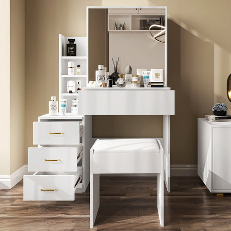 Modern white dressing table organiser with drawers and mirror for bedroom storage