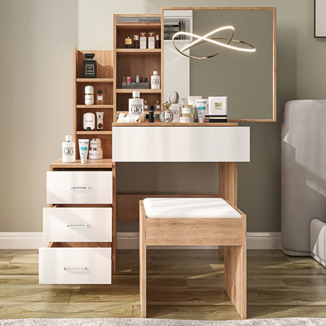 Stylish pine dressing table with white drawers and built-in shelves for organized storage.