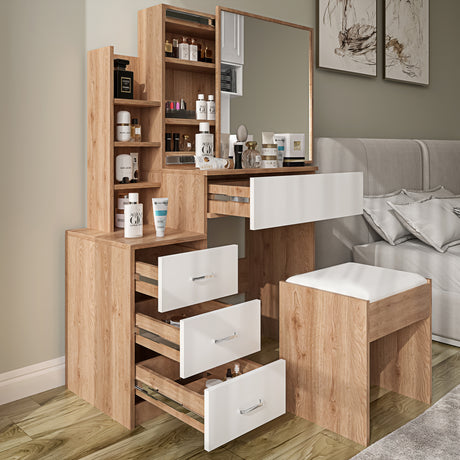 Stylish pine dressing table with white drawers and spacious shelves, featuring a large mirror.