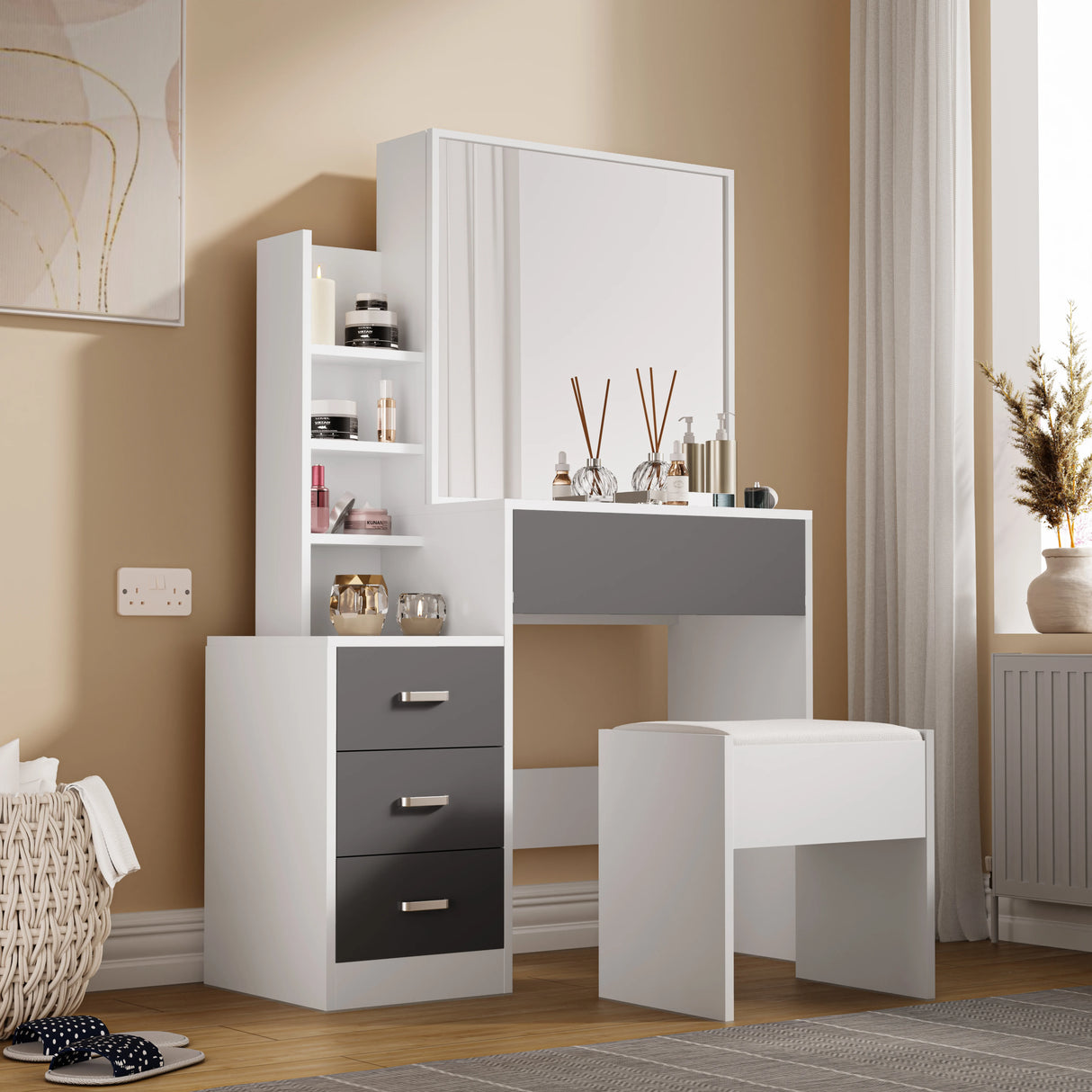 Modern dressing table with storage, drawers, and mirror in grey and white finish. Includes cushioned stool and open shelves for makeup organization.