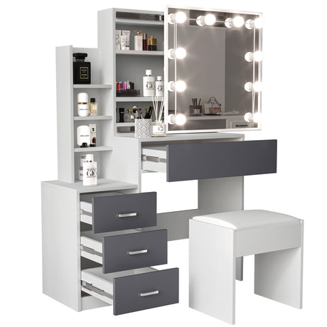 Dressing table top mirror with drawers, drawers, shelves, and stool for modern bedrooms.