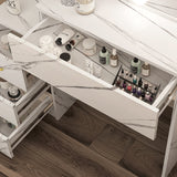 Dressing table with drawer, mirror, and lights for a stylish and functional setup.