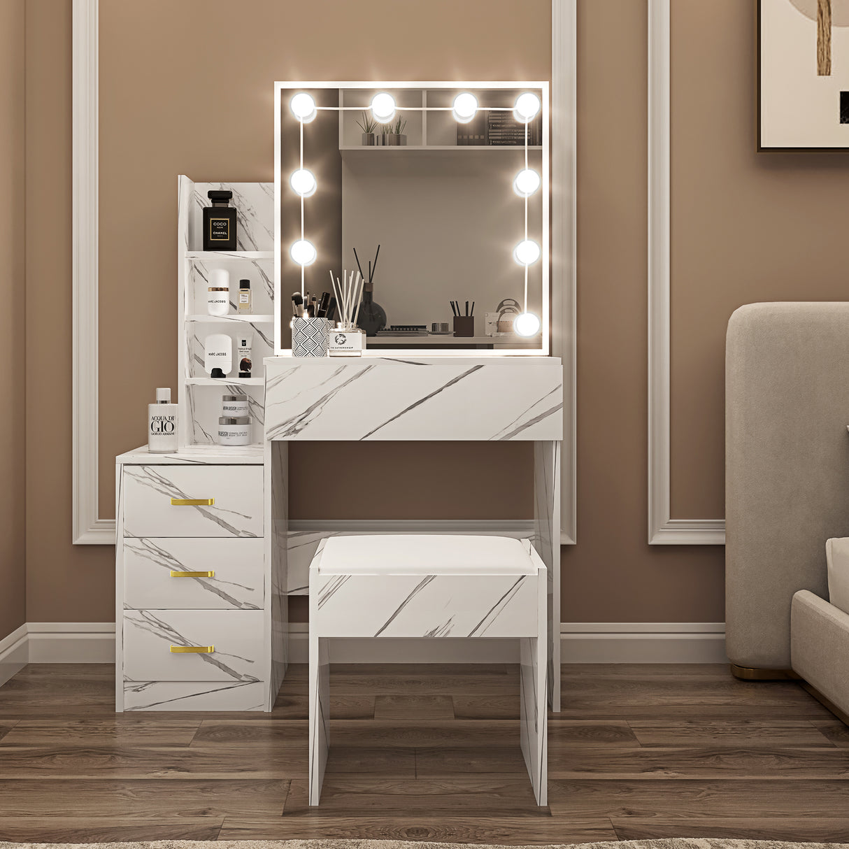 Stylish dressing table with drawers and light up mirror, and storage drawers