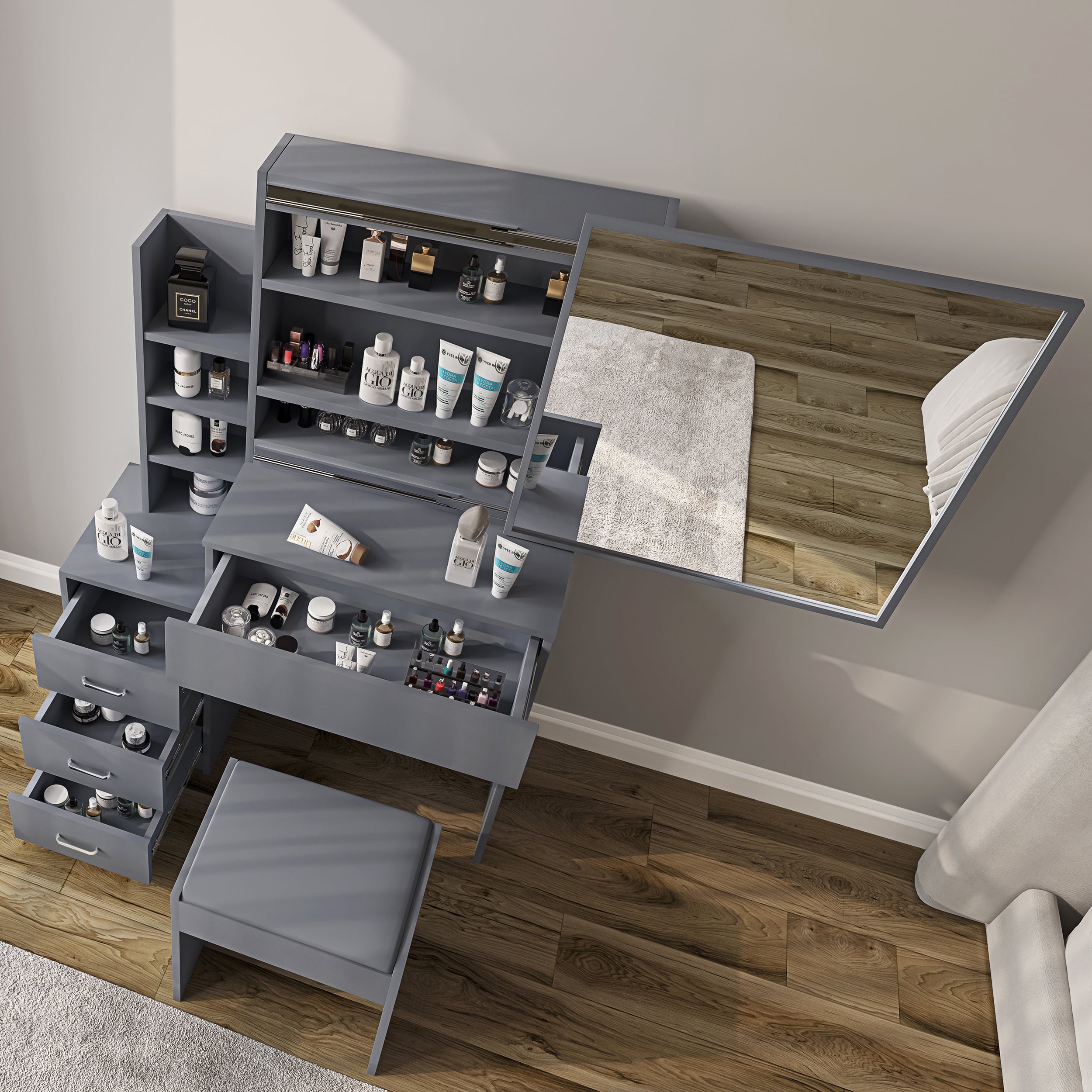 Modern dressing table with drawers and mirror, perfect for skincare and makeup storage