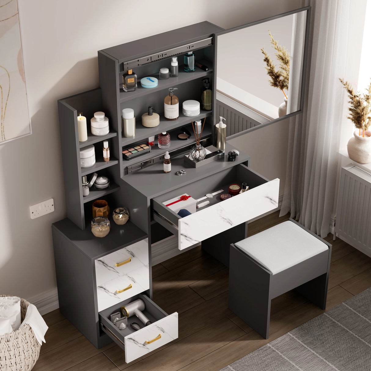 Dressing Table with Storage, Drawers and Mirror - Vanity Makeup Table in dark grey with marble-effect drawers, cushioned stool, and organized beauty products.
