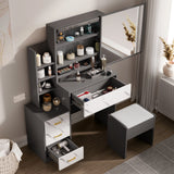 Dressing Table with Storage, Drawers and Mirror - Vanity Makeup Table in dark grey with marble-effect drawers, cushioned stool, and organized beauty products.