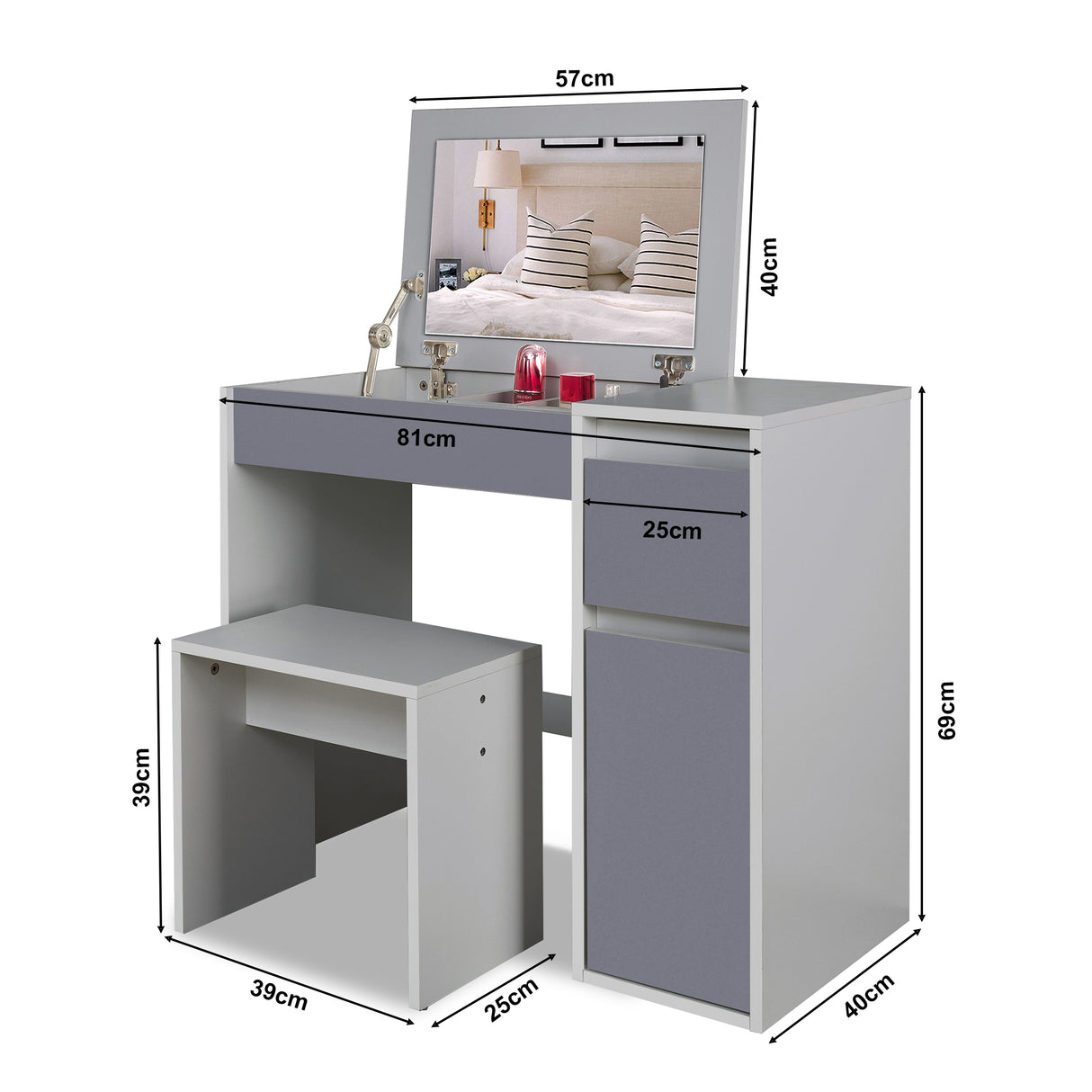 Grey dressing table with flip-up mirror, storage stool, and product dimensions for a perfect fit.