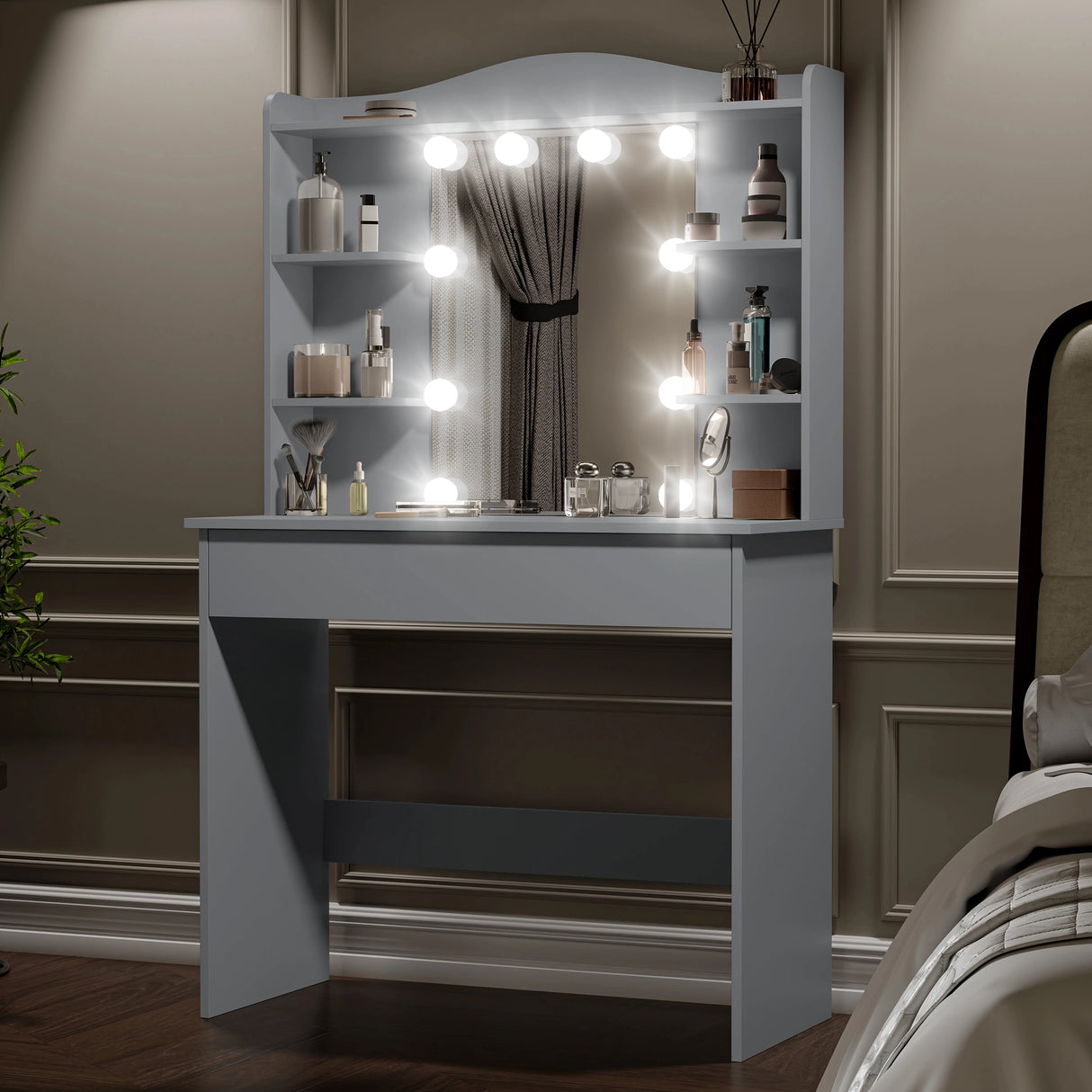 Dressing Table With Mirror & LED Lights - Makeup Vanity Desk in grey finish featuring 5 side shelves, 1 large drawer, and adjustable lighting for bedroom use.
