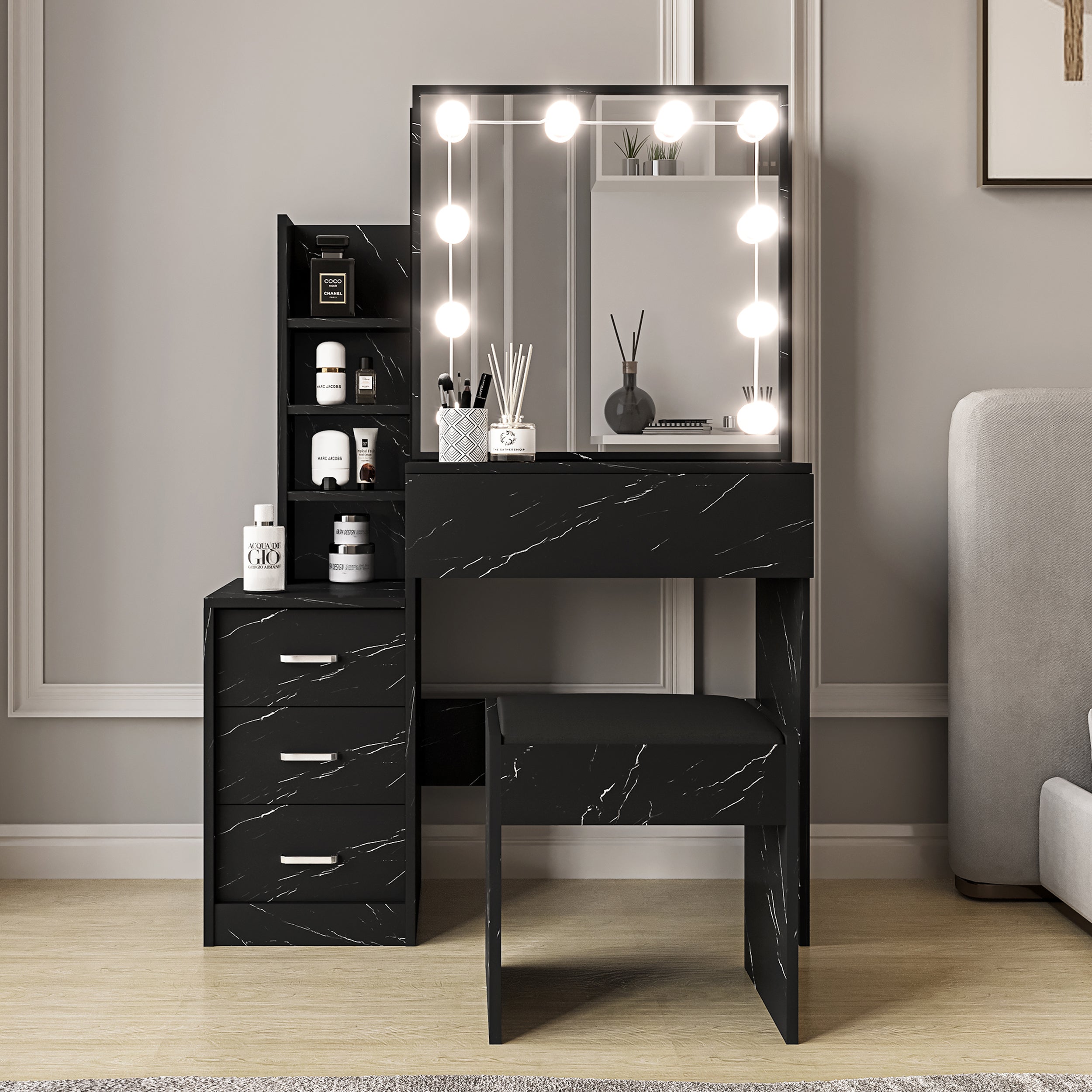 Black dressing table with led mirror and drawers with, marble effect, and storage drawers.