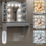 Dressing Table With Mirror & LED Lights - Makeup Vanity Desk in grey with adjustable brightness and 3 light modes: warm, natural, and cool. Features 1 large drawer, 5 storage shelves, and a remote control for light settings.