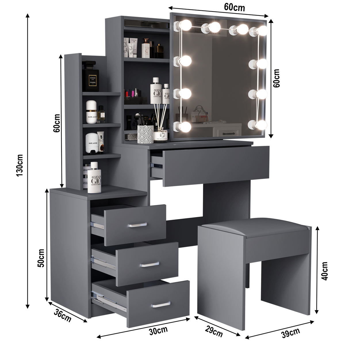 Dressing table with light and mirror, featuring spacious design and product dimensions.