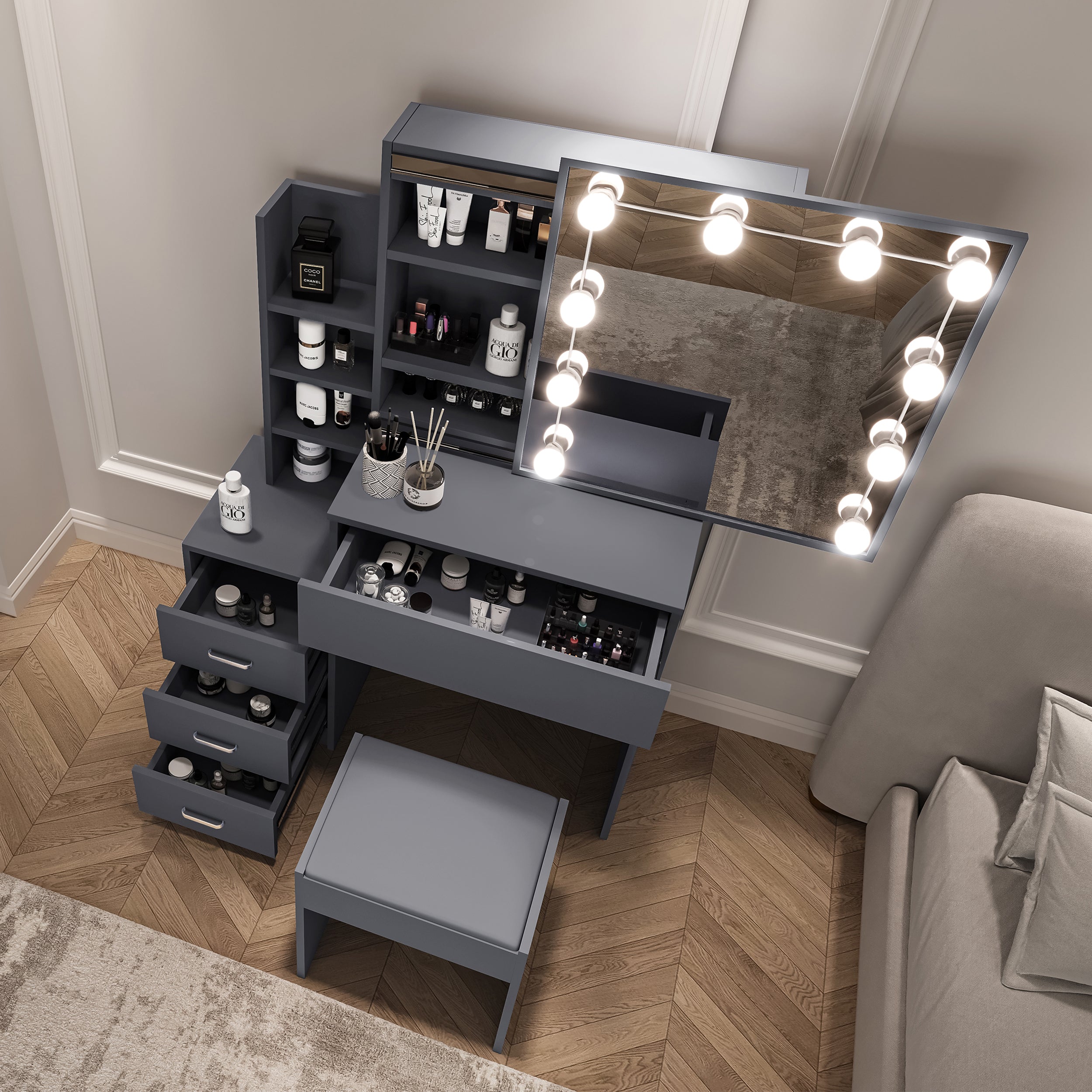 Dressing table with light up mirror and drawers, LED mirror and stool for organized storage.