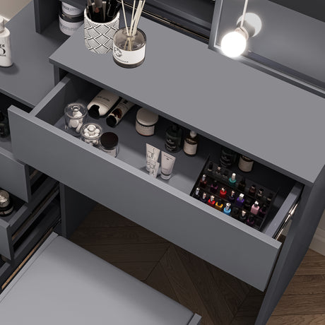 Grey dressing table with light and drawers for stylish and functional storage.