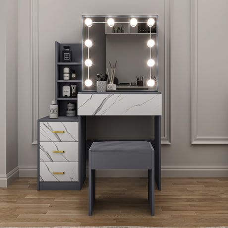 Dressing table with lighted mirror and drawers with marble-effect, and stool for modern bedrooms.