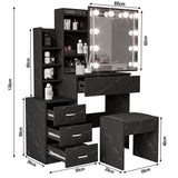 Dressing table with lights, multiple drawers, mirror, & size specifications for functionality.