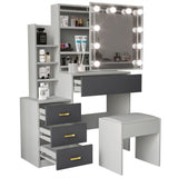 Ladies dressing table with long mirror and drawers grey, and shelves for storage.