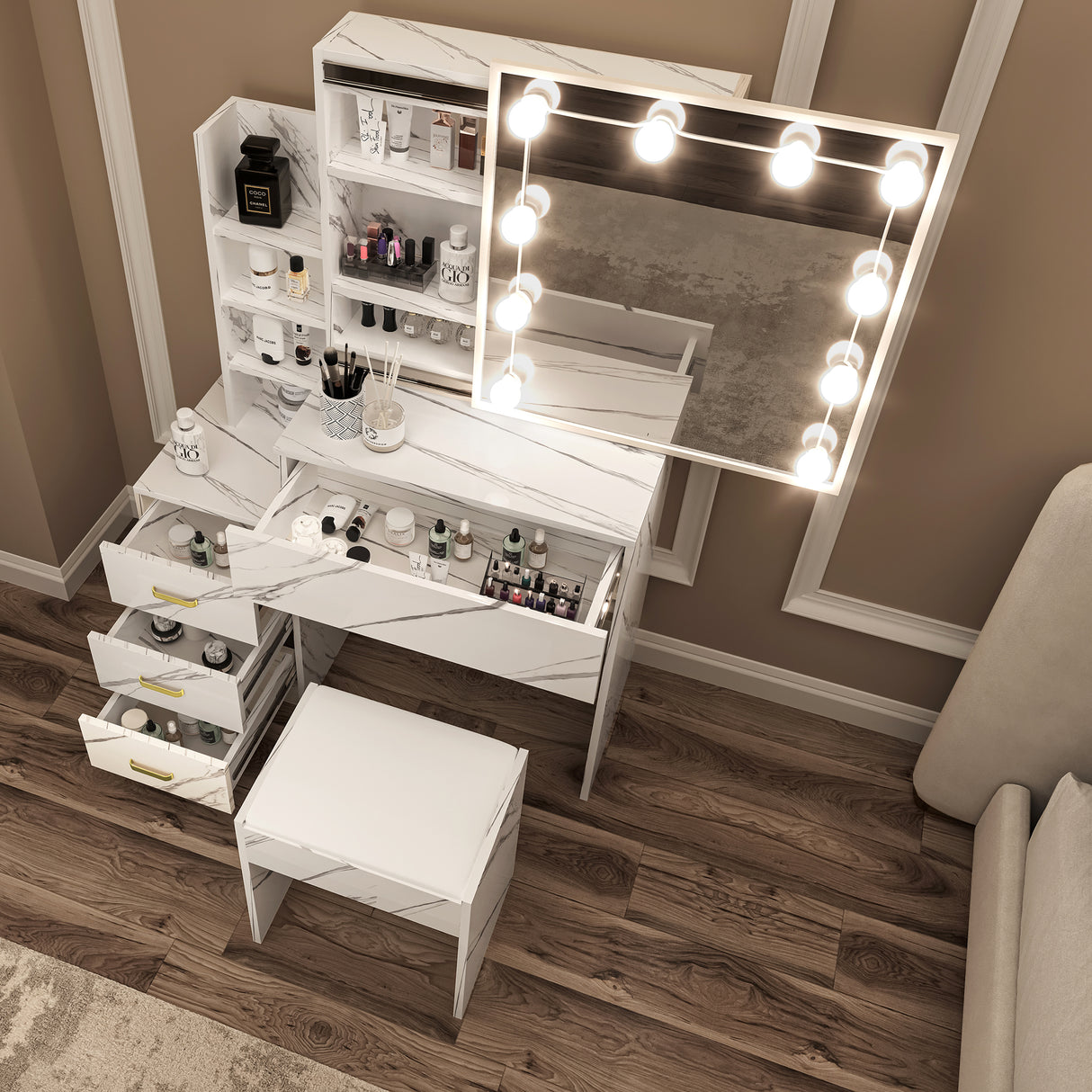 Dressing table with mirror and drawers design, LED mirror, and marble finish for modern bedrooms.