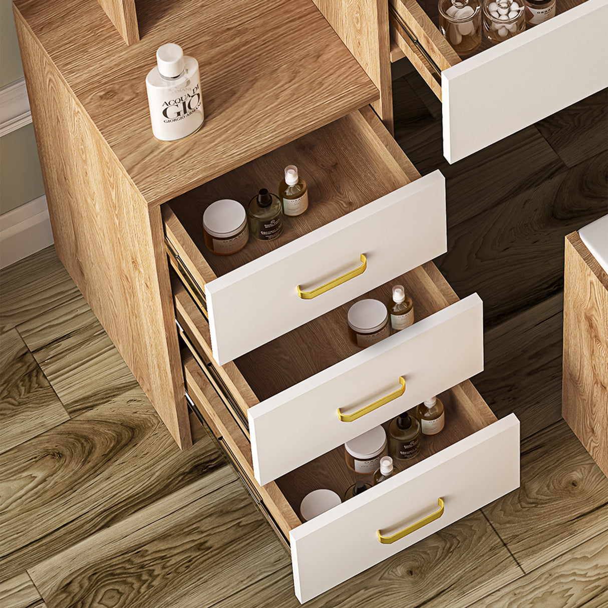 Pine white dressing table with mirror, LED lights, and drawers for stylish storage.