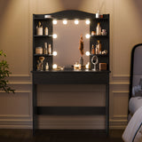 Black dressing table with mirror and LED lights, featuring 5 side shelves and 1 large drawer, ideal for bedroom vanity setup. Stylish makeup vanity desk from DHS.