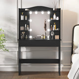 Black dressing table with mirror and LED lights, featuring 5 side shelves and 1 large drawer, ideal for bedroom vanity setup. Stylish makeup vanity desk from DHS.