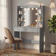 [Grey] grey dressing table with lit Hollywood mirror, six side shelves of perfumes, beige tub chair on rug