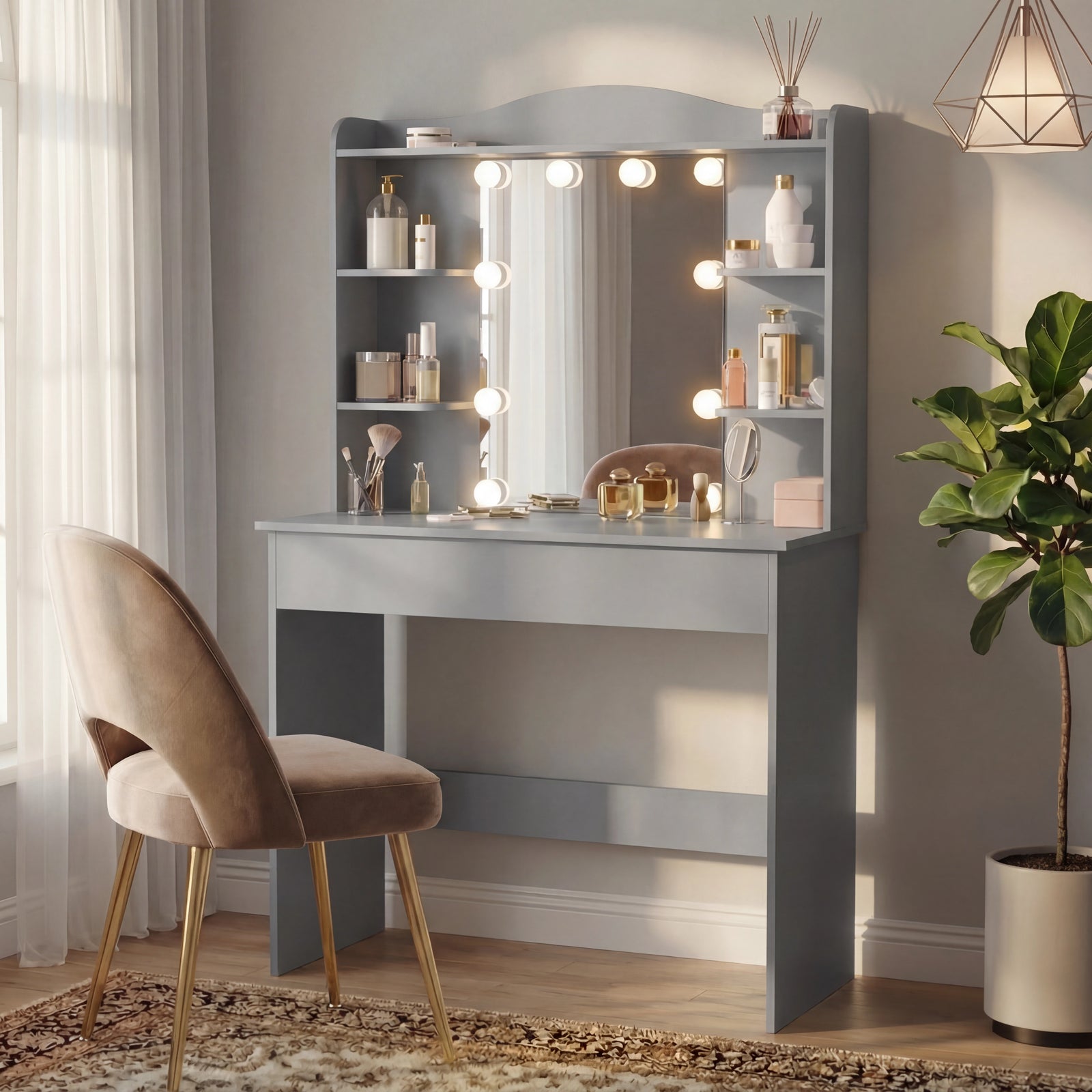 [Grey] grey dressing table with lit Hollywood mirror, six side shelves of perfumes, beige tub chair on rug