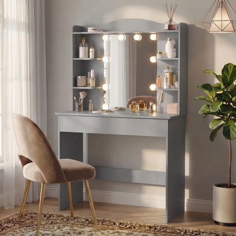 [Grey] grey dressing table with lit Hollywood mirror, six side shelves of perfumes, beige tub chair on rug