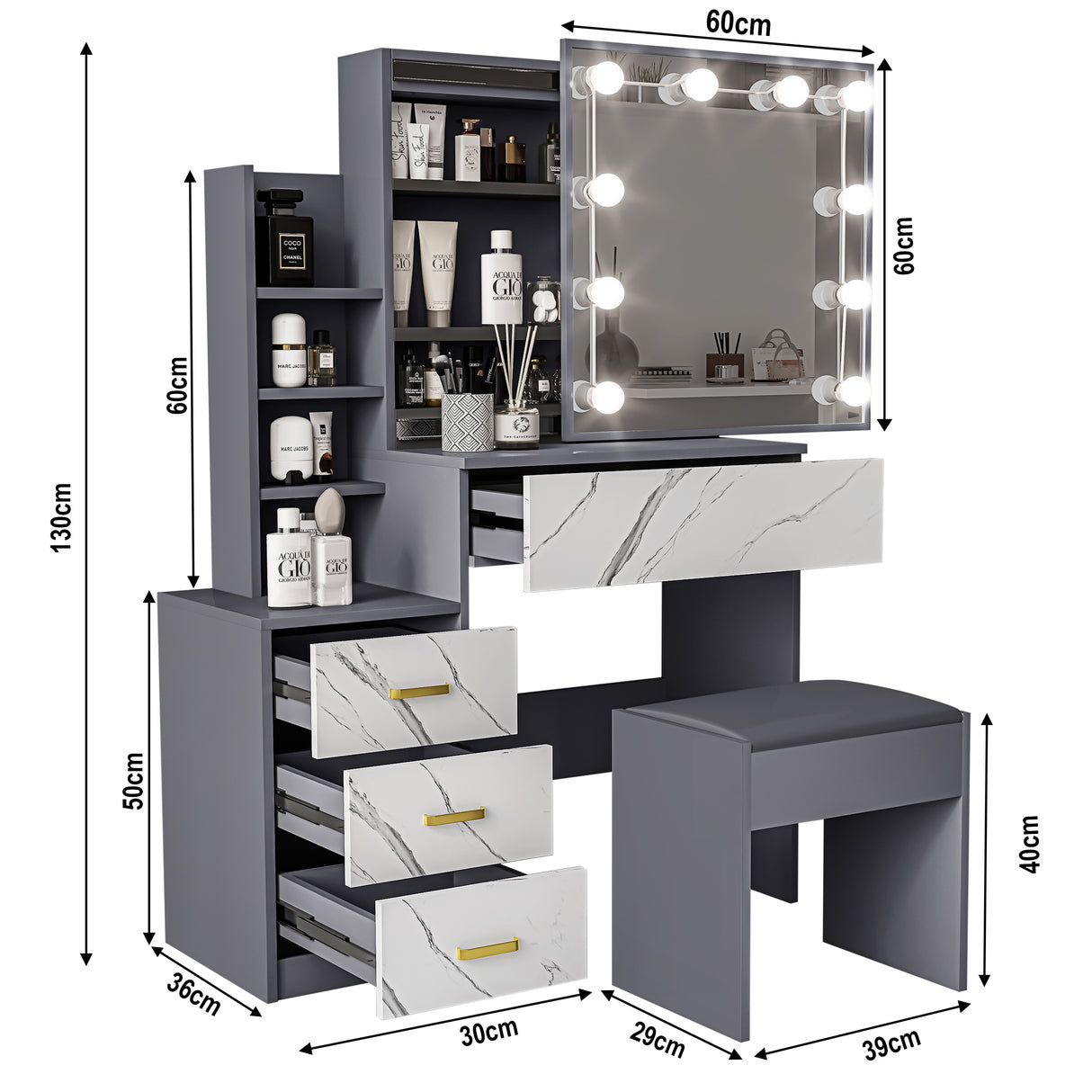 Dressing table with mirror, lights, and chair, designed for comfort and functionality.