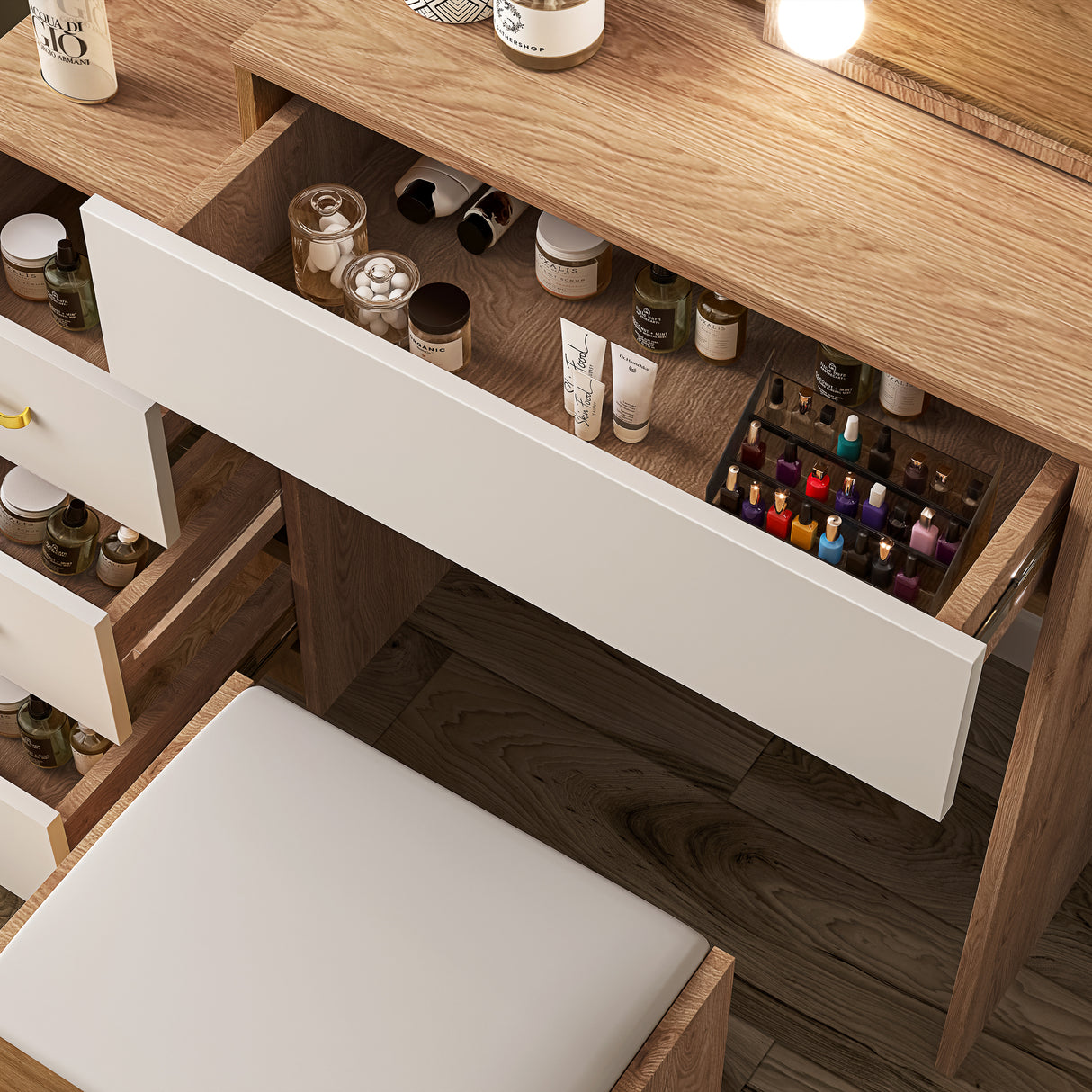 Dressing table with mirror, lights, storage, and matching stool for a complete vanity set.