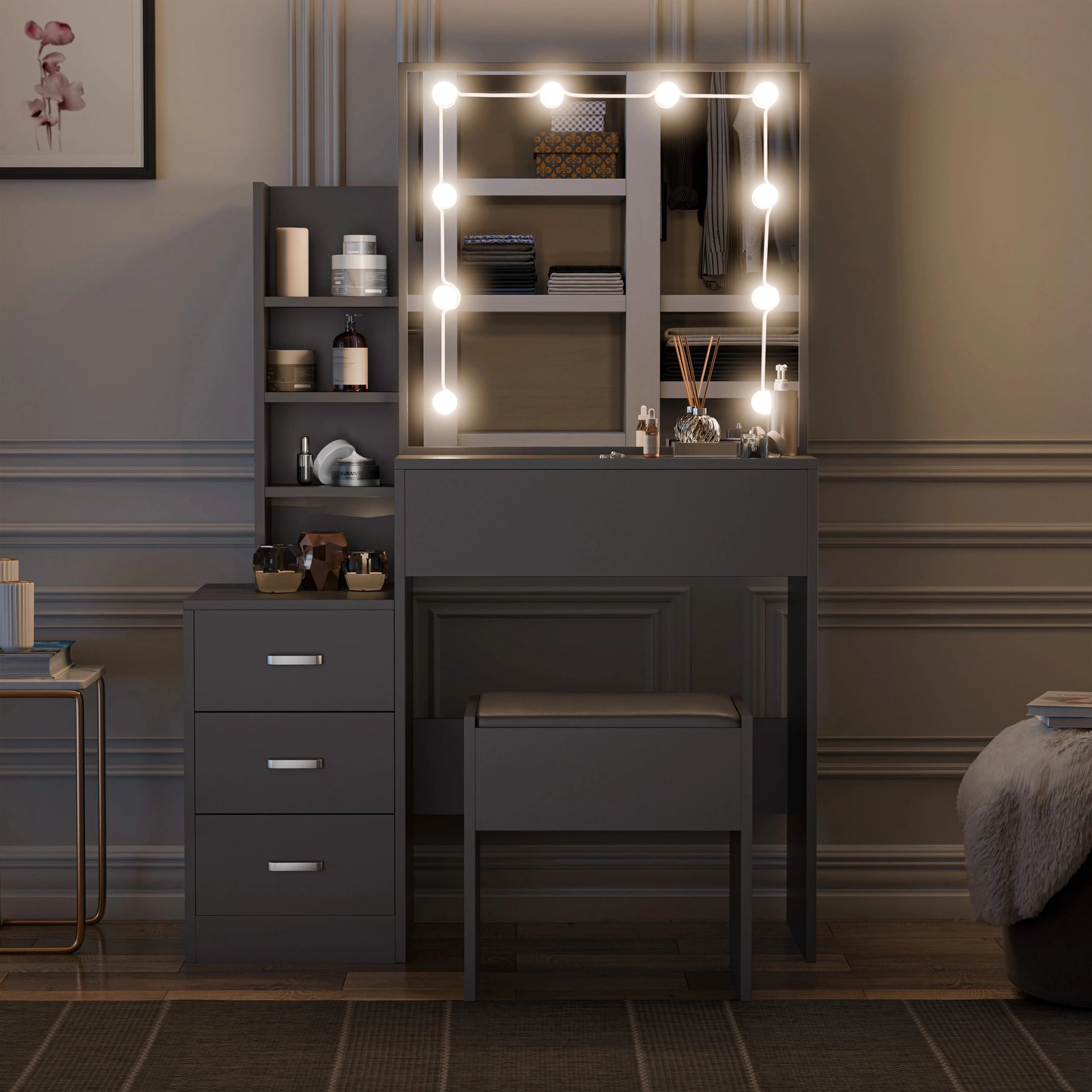 [Grey] Dimensions schematic of grey makeup vanity showing 90 by 40 cm desk, 145.4cm total height and 62cm mirror