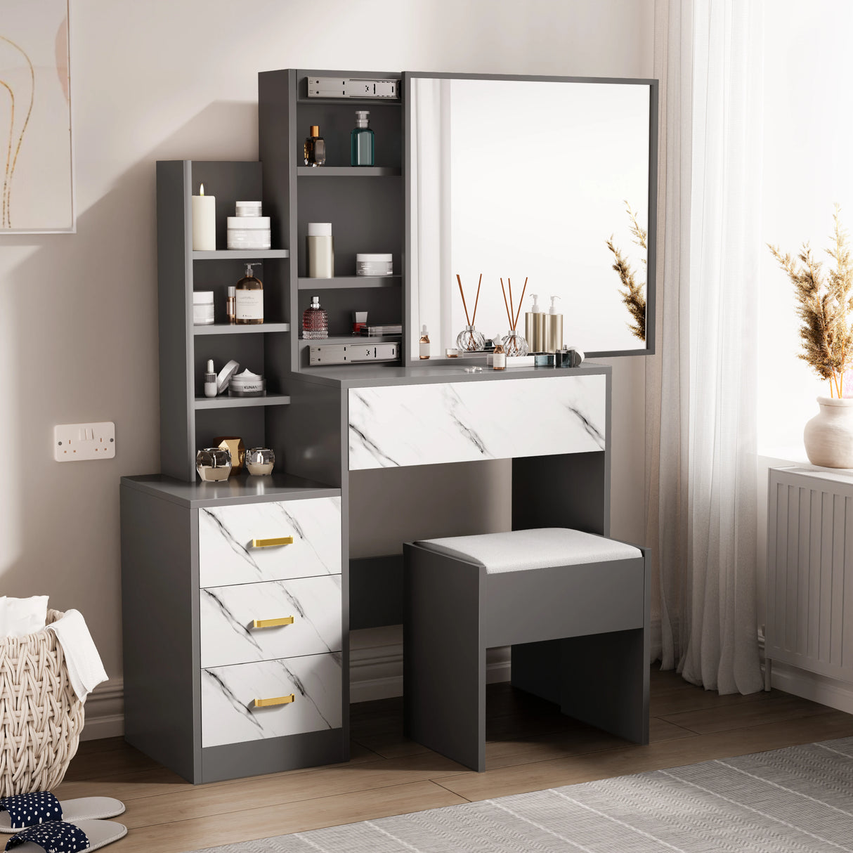 Dressing Table with Storage, Drawers and Mirror - Vanity Makeup Table in grey and white finish with marble accents, cushioned stool, and shelving.