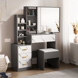 Dressing Table with Storage, Drawers and Mirror - Vanity Makeup Table in grey and white finish with marble accents, cushioned stool, and shelving.