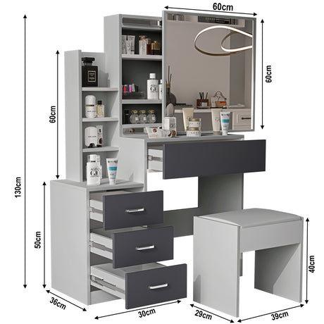 Dressing table with stool and mirror, featuring product dimensions for a perfect fit.