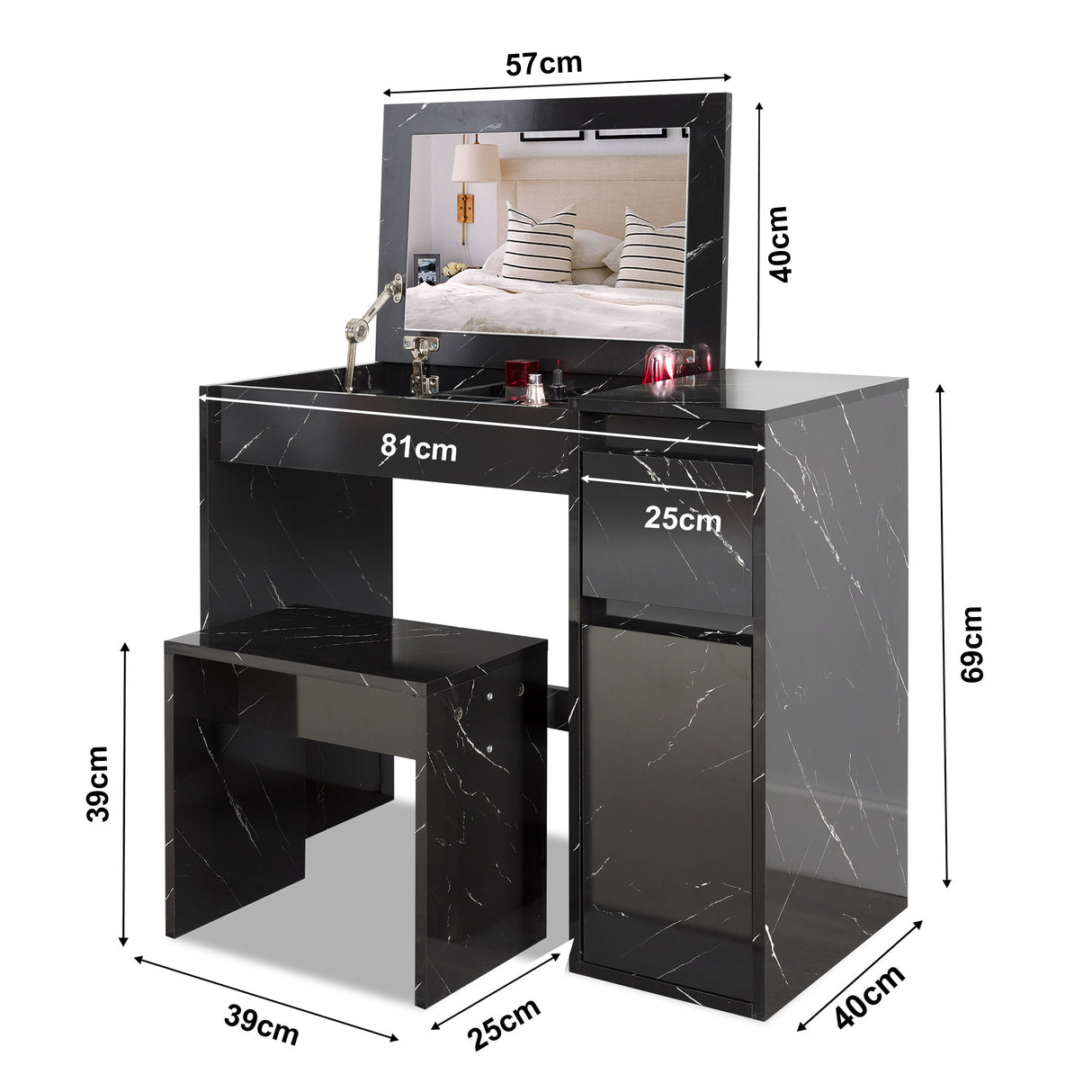 Black marble dressing table with stool and storage, featuring product dimensions for a perfect fit.