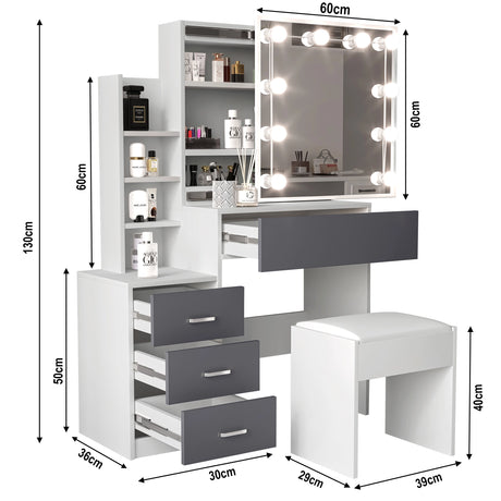 Dimensions of white and grey dressing table with mirror, lights, and stool: 90 cm length, 36 cm width and 130 cm height