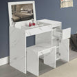 White marble dressing table with storage drawers and a mirror, ideal for modern bedrooms.