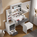 Dressing Table with Storage, Drawers and Mirror - Vanity Makeup Table featuring multiple shelves, grey drawers, and cushioned stool in modern bedroom.