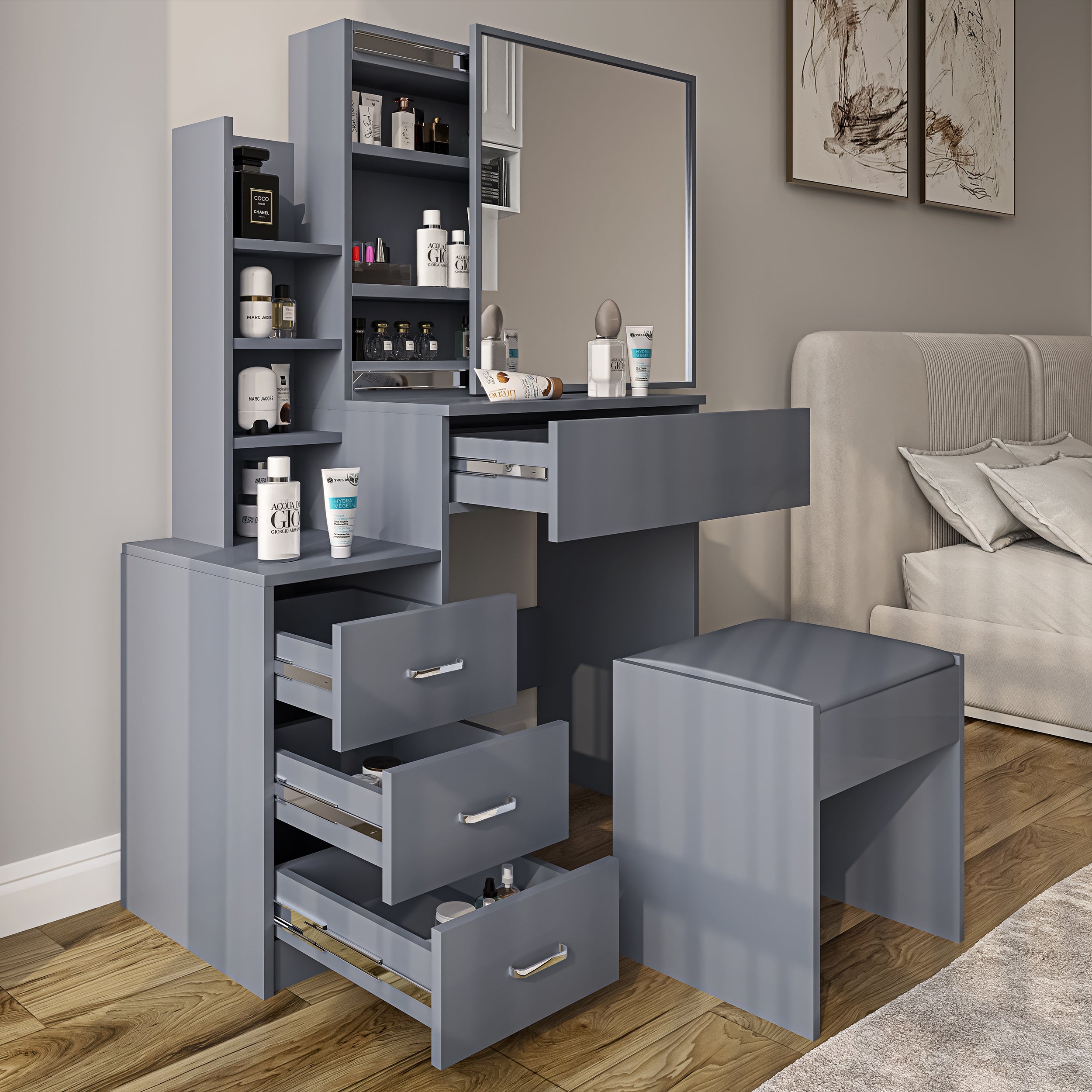 Elegant grey dressing table with drawers, mirror, and shelves for bedroom storage