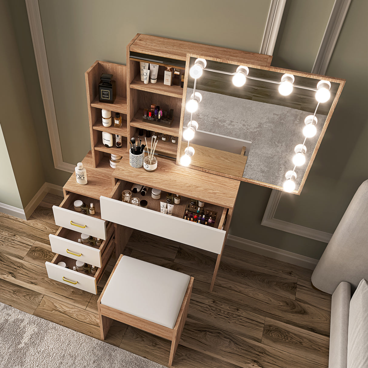 Modern dressing table UK homes with LED mirror, pine finish, white drawers, and stool.