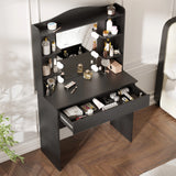 Black dressing table with mirror and LED lights, featuring 5 shelves and 1 large drawer for makeup and beauty storage. Ideal vanity desk for modern bedrooms.