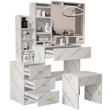 Elegant marble dressing table with mirrors and drawers for organized bedroom storage