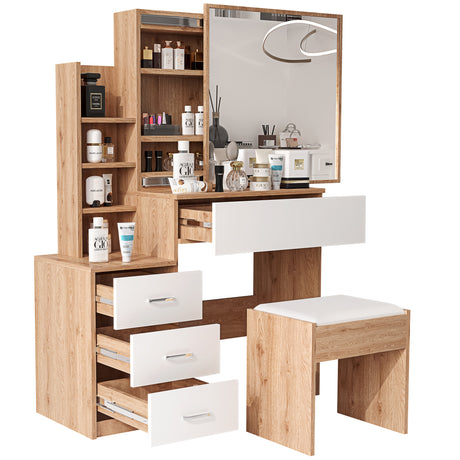 Stylish pine dressing table with white drawers and built-in shelves for organized storage.