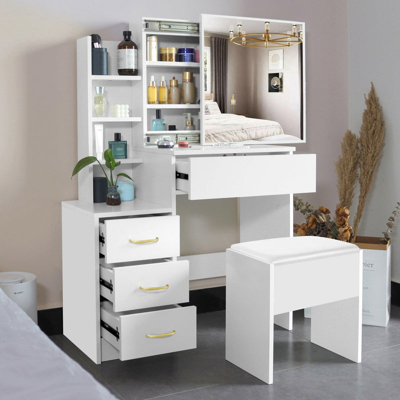 FUFU&GAGA 5-Drawers White Makeup Vanity Sets Dressing Table Sets With  Stool, Mirror, LED Light and 3-Tier Storage Shelves KF210106-03-xin - The  Home Depot