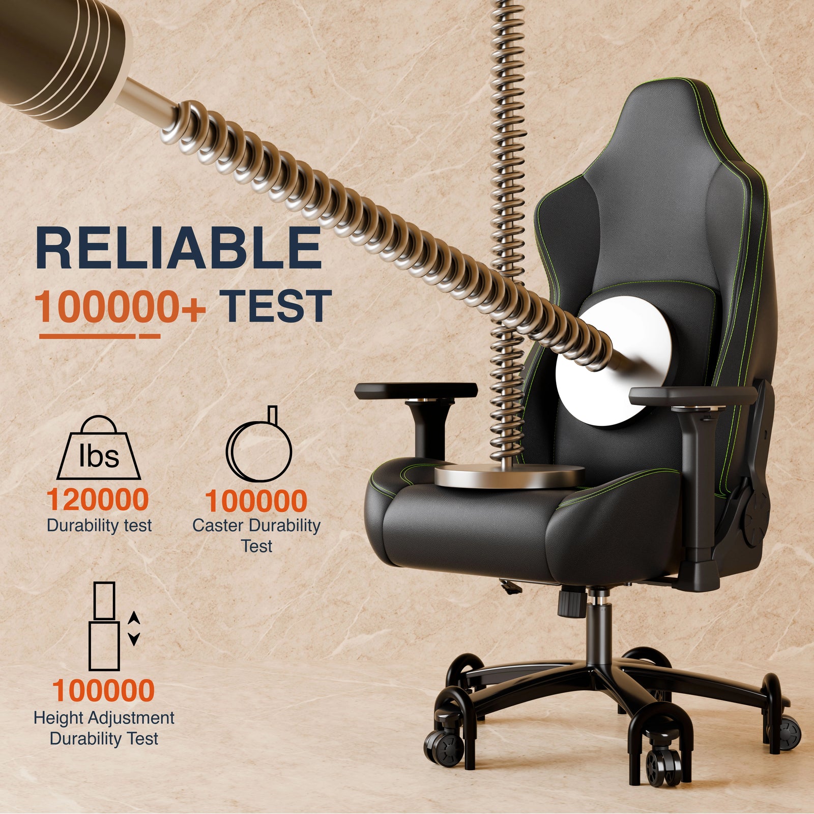 [Black] Infographic showing mechanical stress testing on the gaming chair to demonstrate .