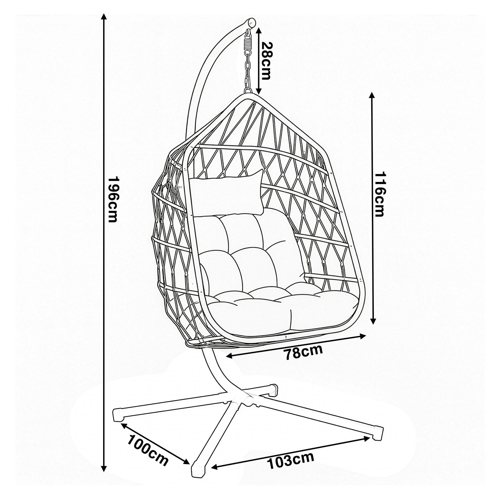 [Grey] Dimensions diagram of grey egg chair: 196cm total height, 116cm chair, 78cm chair width, 28cm chain