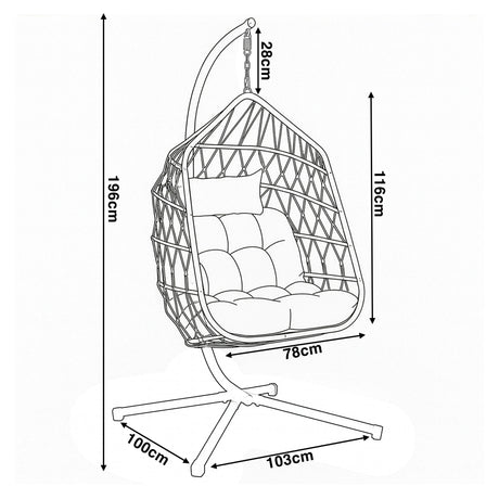 Dimensions of a classic egg chair with stand, 196cm height, 103cm width, suitable for both indoor and outdoor use, perfect for relaxing in style.