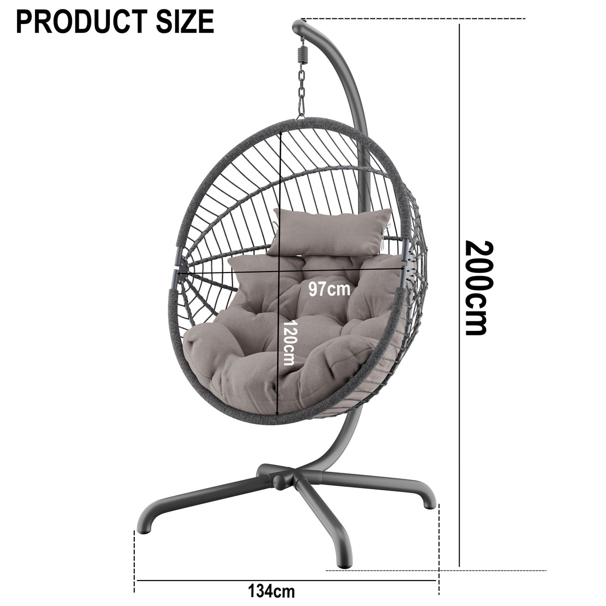 Dark grey hanging egg chair with dimensions for a perfect fit and stylish comfort.