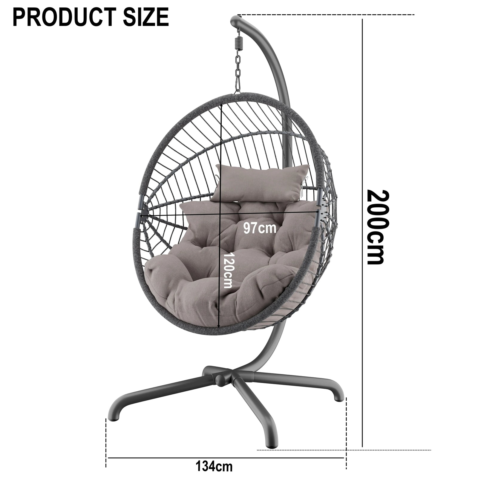 [Dark Grey] Dimensions diagram dark grey egg chair: 200cm height, 134cm width, 97cm seat W, 120cm seat H